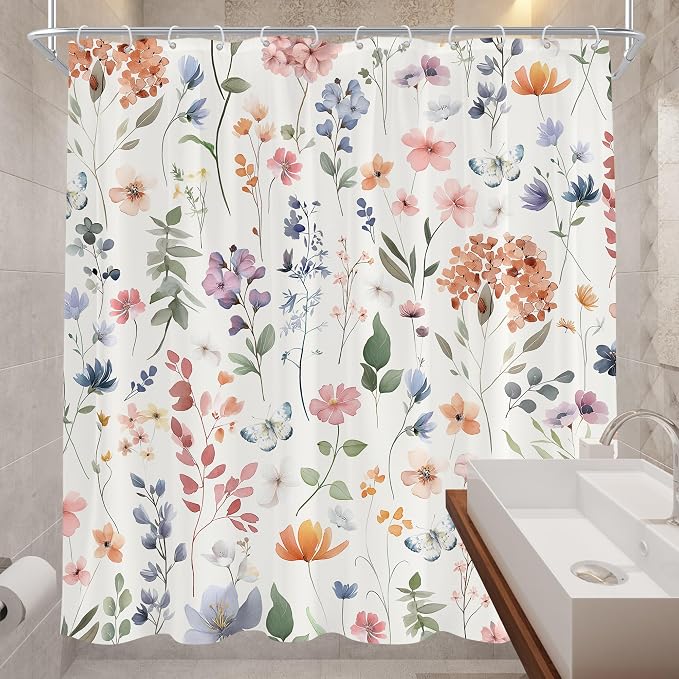 Boho Coral Pink Flower Colorful Wildflower Bathroom Shower Curtain Set | 72"W x 78"H Floral Watercolor; waterproof HD print, quick-dry fabric and plastic hooks for easy setup.