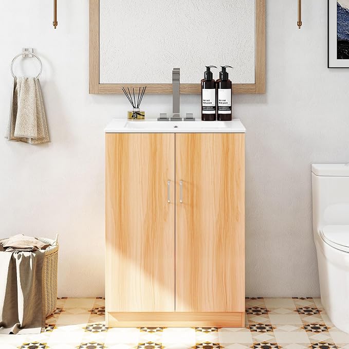 DUMOS 24 Inch Bathroom Vanity with Sink, Modern Bathroom Storage Cabinet | Freestanding Ceramic Basin Undermount Combo with 2 Doors and 1 Inner Drawer No Faucet, Classic Wood