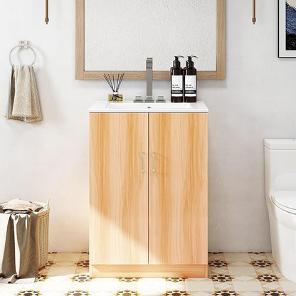 DUMOS 24 Inch Bathroom Vanity with Sink, Modern Bathroom Storage Cabinet | Freestanding Ceramic Basin Undermount Combo with 2 Doors and 1 Inner Drawer No Faucet, Classic Wood