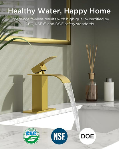 FORIOUS Bathroom Faucet 1 Hole, Waterfall Vanity Sink Faucet Brushed Gold | Bathroom Sink Faucet 1 or 3 Hole, Square Single Handle with 24" cUPC Supply Line and Pop-up Drain, Fits RV Restroom Basin