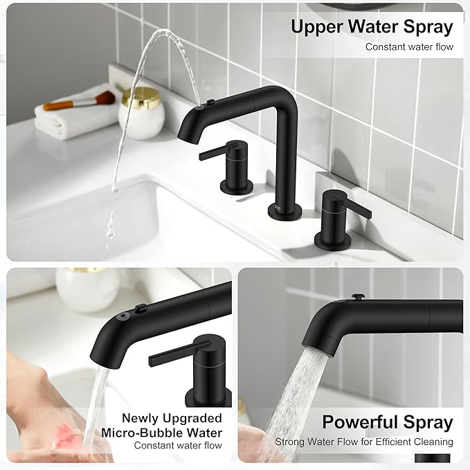 KENES Matte Black Pull Out Bathroom Faucet, 8 Inch 2 Handle Widespread Bathroom Faucet 3 Hole with Pull Down Sprayer, Bathroom Sink Faucet with Pop Up Drain & Supply Lines LJ-9058A-2