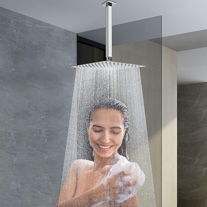 NearMoon Rain Shower Head With Shower Arm, Ceiling Mount Square Shower, Stainless Steel Ceiling Rainfall Showerhead- Waterfall Full Body Coverage (8 Inch, Chrome Finish)
