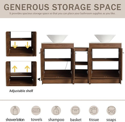 60" Bathroom Vanity with Ceramic Sink, Freestanding Double Sink Bathroom Vanity Combo, 60 Inch Modern Bathroom Storage Vanity, Brown Floor Stand Cabinet Set(BRE217, 60 * 18)