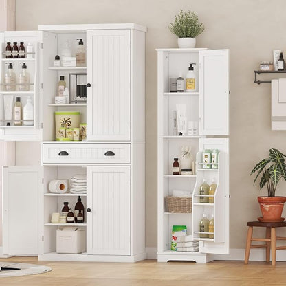 Function Home Tall Storage Cabinet, 64" Narrow Bathroom Cabinets, Freestanding Kitchen Pantry with Door Storage Shelves, Wooden Slim Floor Cabinets for Kitchen Dining Living Room, White