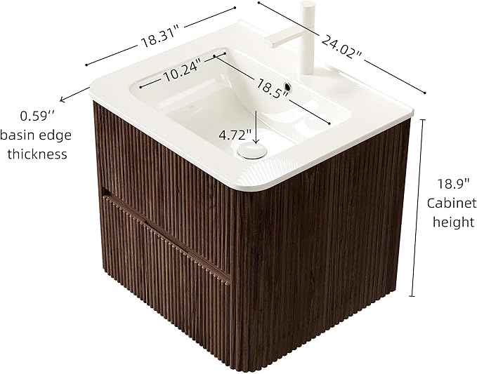 24" Floating Bathroom Vanity with Sink, Wall Mounted Modern Bathroom Cabinet with 2 Soft Close Drawers, Oak & Plywood, Pre-Assembled with Integrated Ceramic Basin – Bruges, Retro Walnut