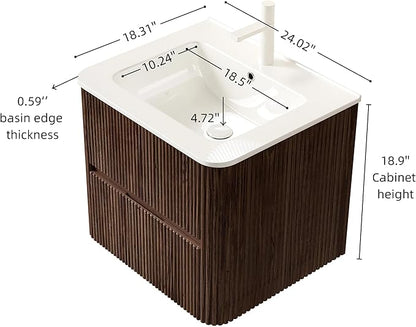 24" Floating Bathroom Vanity with Sink, Wall Mounted Modern Bathroom Cabinet with 2 Soft Close Drawers, Oak & Plywood, Pre-Assembled with Integrated Ceramic Basin – Bruges, Retro Walnut