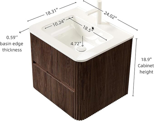 24" Floating Bathroom Vanity with Sink, Wall Mounted Modern Bathroom Cabinet with 2 Soft Close Drawers, Oak & Plywood, Pre-Assembled with Integrated Ceramic Basin – Bruges, Retro Walnut