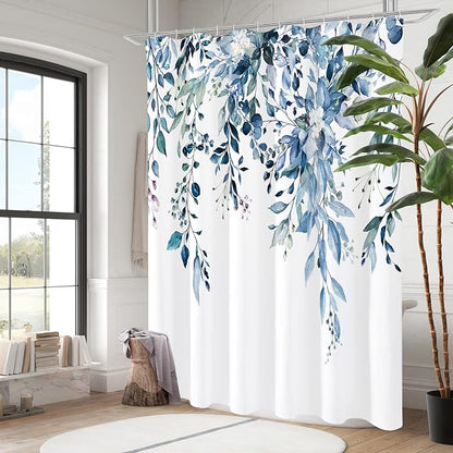 Blue Eucalyptus Shower Curtain, Watercolor Floral Print, 72x84 | Watercolor Plant Leaves Floral Print, Extra Long Waterproof Fabric Bathroom Decor, Machine Washable, Rustproof Grommets