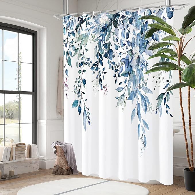 Blue Eucalyptus Shower Curtain, Watercolor Floral Print, 72x78 | Watercolor Plant Leaves Floral Print, Long Waterproof Fabric Bathroom Decor, Machine Washable, Rustproof Grommets