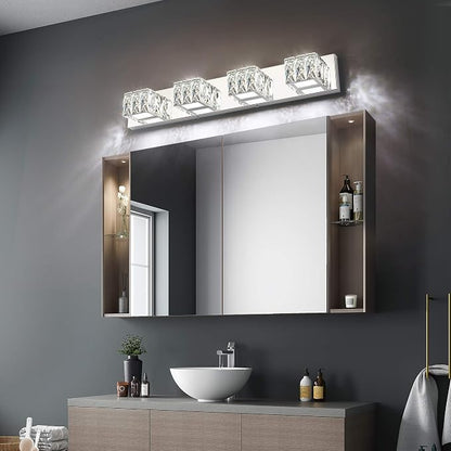4 Lights Bathroom Vanity Light - Crystal Modern Vanity Lights for Bathroom - Dimmable 24W LED Chrome Bath Light Fixtures Over Mirror Cool White Light