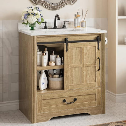 IRONCK Bathroom Vanity with Sink 30", Vanity Cabinet with Water Baffle | Engineered Marble Top & Ceramic Sink, Soft Close Drawer & Open Shelves, Easy Assembly, Farmhouse Vanity for Bathroom