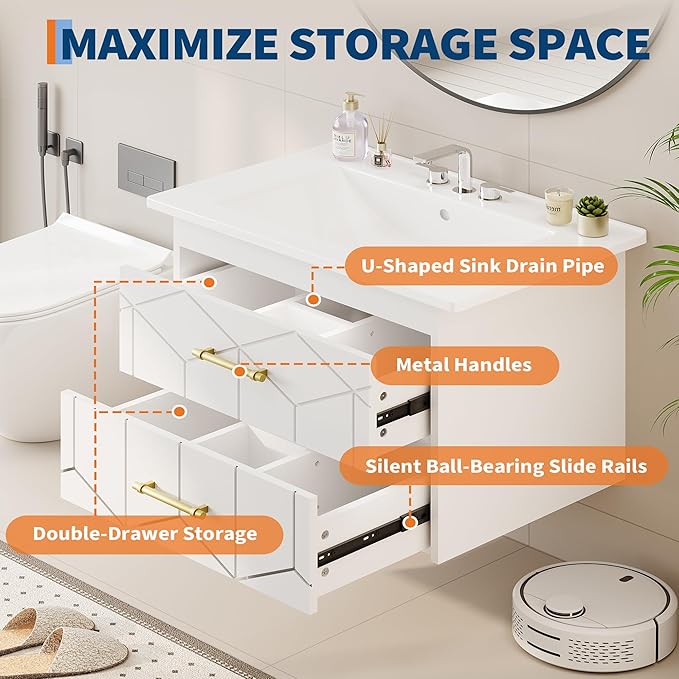 Garvee 30" Bathroom Vanity with Sink, Floating Bathroom Vanity with Ceramic Basin, 2 Large Storage Drawers with Gold Metal Handle, Modern Wall Mounted Bathroom Cabinet with Sink, White