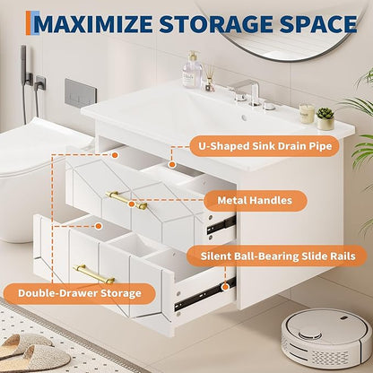 IDEALHOUSE Floating Bathroom Vanity with Sink 30 inch, Modern Bathroom Sink Cabinet, Ceramic Vanity Top, 2 Large Storage Drawers with Gold Metal Handle, Easy to Assembly, White