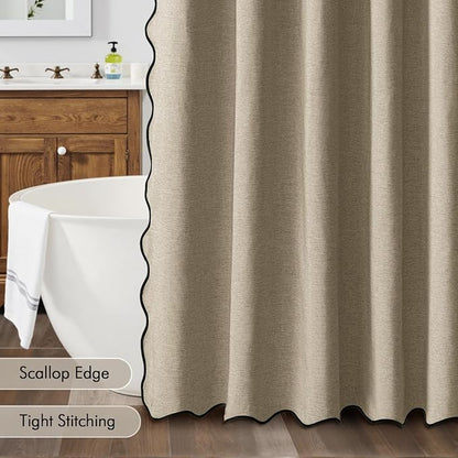 MIULEE 72"x84" Extra Long Scalloped Linen Shower Curtain Khaki | Linen Textured, Waterproof, Washable, 12 Metal Hooks, Heavy Duty Cloth, Black Border, Shower Curtain for Bathroom Bathtub