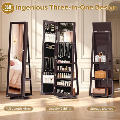 Bonnlo 360° Swivel Jewelry Mirror Cabinet with Inside Makeup Mirror,Full Length Mirror with Jewelry Storage, Lockable Standing Jewelry Armoire Organizer, Espejo Oon Almacenamiento for Bedroom,Brown