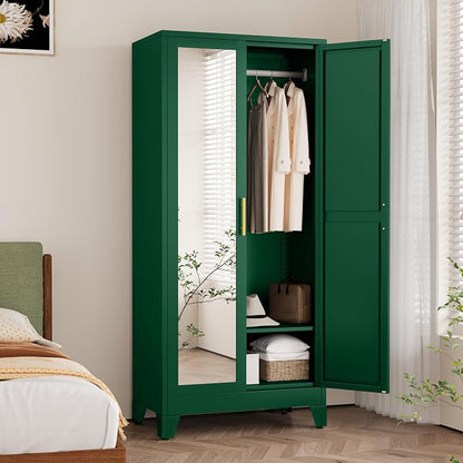 winiowa Metal Armoire Wardrobe Closet with 2 Mirror Doors, 71" Wardrobe Cabinet with Adjustable Shelves and Hanging Rod, Clothing Storage Cabinet Closet with Mirror for Bedroom-Green