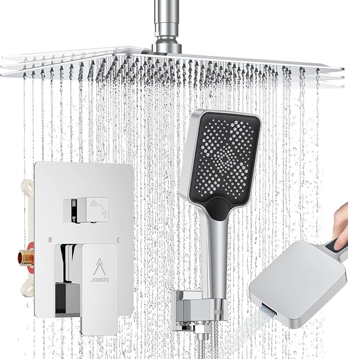 Shower System Modern Rain 8 inches Brass Faucet Set With Valve and Diverter Shower Mixer With Handheld High Pressure Square Rainfall Shower Valve (12'' Ceiling Mount, Chrome Polished)