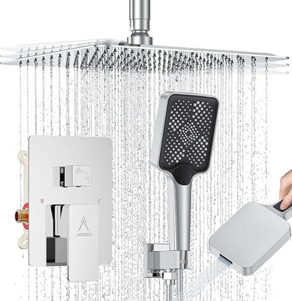 Shower System Modern Rain 8 inches Brass Faucet Set With Valve and Diverter Shower Mixer With Handheld High Pressure Square Rainfall Shower Valve (12'' Ceiling Mount, Chrome Polished)