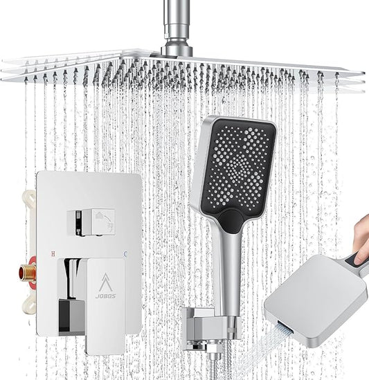 Shower System Modern Rain 8 inches Brass Faucet Set With Valve and Diverter Shower Mixer With Handheld High Pressure Square Rainfall Shower Valve (12'' Ceiling Mount, Chrome Polished)