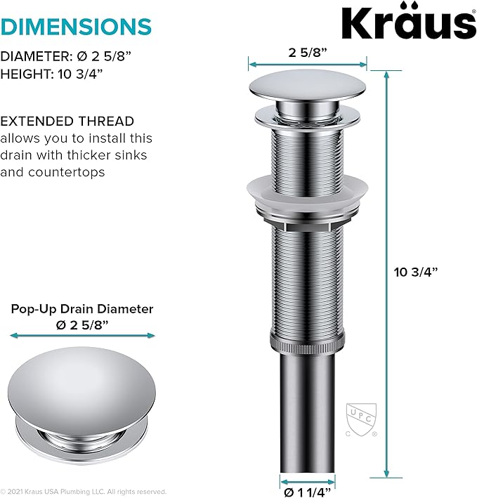 KRAUS Bathroom Sink Pop-Up Drain Assembly in Chrome for Vessel Sinks and Sinks without Overflow, with Extended Thread for Thicker Countertops, PU-L10CH