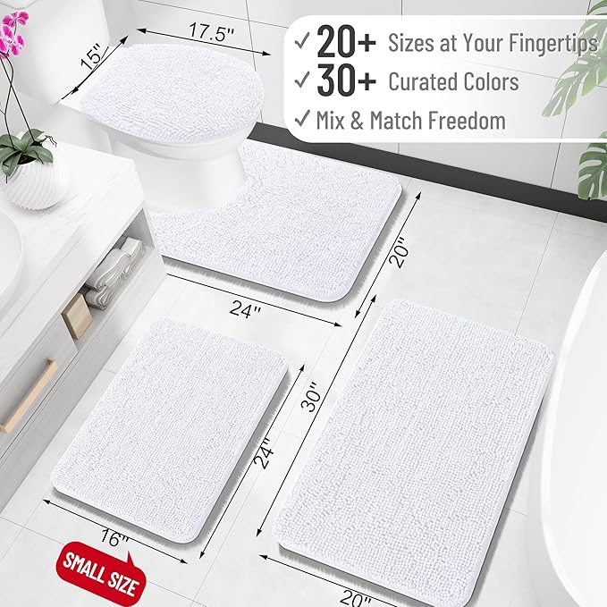 OLANLY Toilet Rugs U-Shaped 24x20, Soft Absorbent Chenille Contour Rugs | White, Quick-Drying Rubber Backing, Machine Washable Non-Slip Shaggy Bathroom Mat for Toilet, Home Decor Accessories