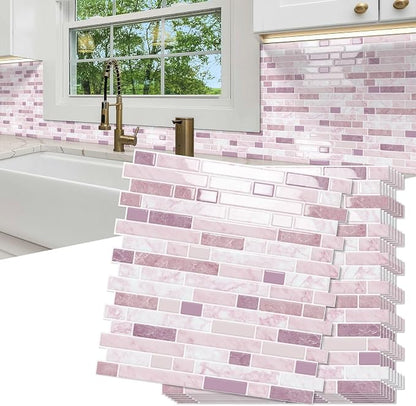 10 Sheets Thick Peel and Stick Kitchen Backsplash Tiles | 3D Waterproof Self Adhesive Wall Tile Stick on Backsplash for Kitchen,Bathroom and Fireplace(Pink,12"×12")