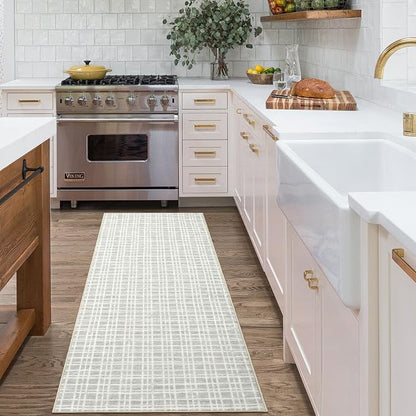 Washable Runner Rug 2x6 Entryway Rug Modern Non Slip Kitchen Rugs Bathroom Rugs Plaid Farmhouse Soft Faux Wool Stain Resistant Carpet for Entrance Laundry Hallway Bedroom 2'x6' Light Grey