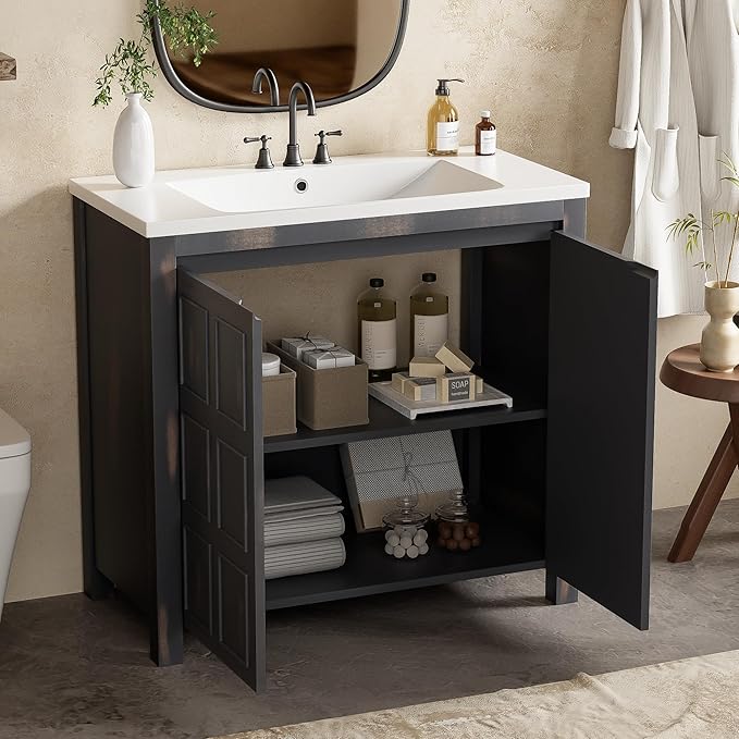 LUMISOL 36" Bathroom Vanity with Sink, Modern Bathroom Vanity with 2 Doors, Adjustable Shelf, Freestanding Bathroom Storage Cabinet with Ceramic Sink, Espresso
