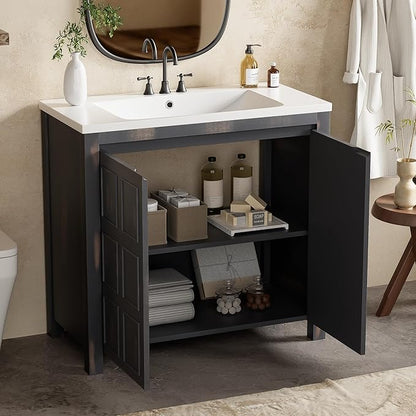 LUMISOL 36" Bathroom Vanity with Sink, Modern Bathroom Vanity with 2 Doors, Adjustable Shelf, Freestanding Bathroom Storage Cabinet with Ceramic Sink, Espresso