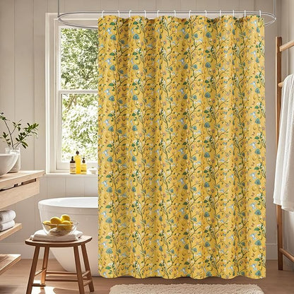 Yellow Floral Bird Shower Curtain 72x72, Hummingbird and Lemon Botanical Fabric Bath Curtains, Lightweight Quick-Dry Bathroom Shower Curtain Set with Hooks