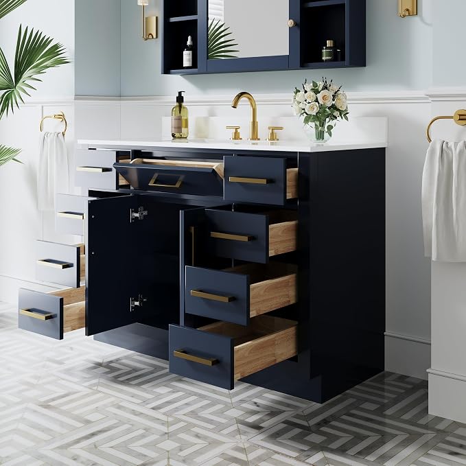 48-Inch Bathroom Vanity with Sink W/ 2 Doors & 8 Drawers & 1 Flip Drawer, Navy Blue Vanity W/Brushed Gold Handles
