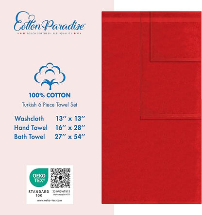 Cotton Paradise 6 Piece Towel Set, 100% Cotton Soft Absorbent Turkish Towels for Bathroom, 2 Bath Towels 2 Hand Towels 2 Washcloths, Red Towel Set