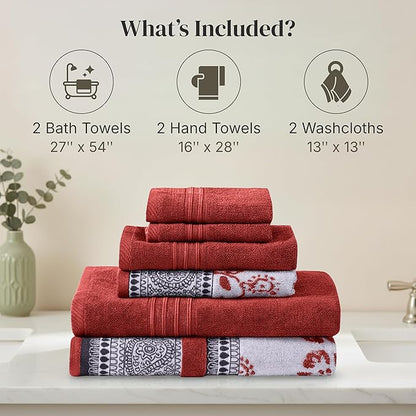 Modern Threads Floral Trail 6-Piece 100% Cotton Towel Set – Reversible Yarn Dyed Jacquard – Includes 2 Bath Towels, 2 Hand Towels, 2 Washcloths – Absorbent, Quick Dry, Soft & Durable – Rust Orange