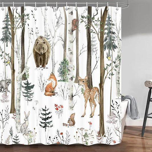 JAWO Rustic Forest Shower Curtain, Lodge Cabin Woodsy RV Wildlife Animals Woodland Campers Camping Bathroom Set with Hooks, 72X84 Inch, White