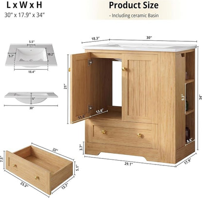 IRONCK Bathroom Vanity with Ceramic Sink, 30" Bathroom Cabinet, Natural | Features a Ceramic Sink, 3 Doors, 1 Drawer and Flexible Side Storage for Organized Bathroom Storage