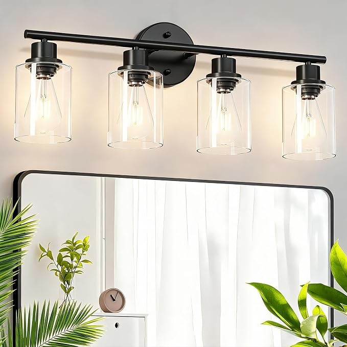 4-Light Black Bathroom Light Fixtures, E26 Modern Vanity Lights for Bathroom with Clear Glass Shade, Wall Lamps for Mirror Hallway Kitchen Cabinet Living Room Sconces Lights
