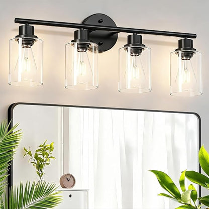 4-Light Black Bathroom Light Fixtures, E26 Modern Vanity Lights for Bathroom with Clear Glass Shade, Wall Lamps for Mirror Hallway Kitchen Cabinet Living Room Sconces Lights