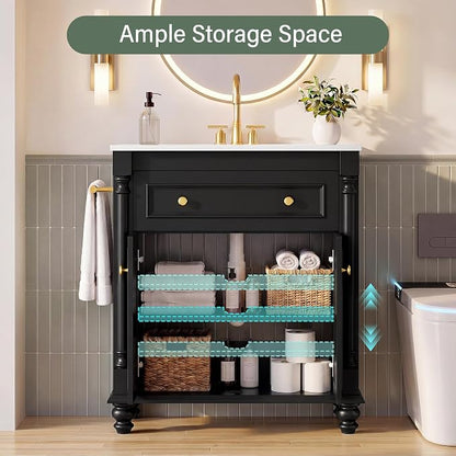 YESHOMY 30" Bathroom Vanity with Sink, Bathroom Storage Cabinet | Bathroom Vanity, Solid Wood, Integrated Ceramic Basin, 1 Flip-Down Drawer, 2 Doors & Adjustable Shelf, Black