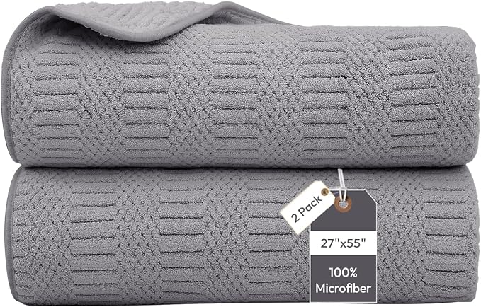 JML Microfiber Bath Towels, 2 Pack, 27x55 in, Gray | Soft, Super Absorbent, Quick Dry, Lint-Free, Lightweight Bathroom Towel with Hanging Loop for Daily Use