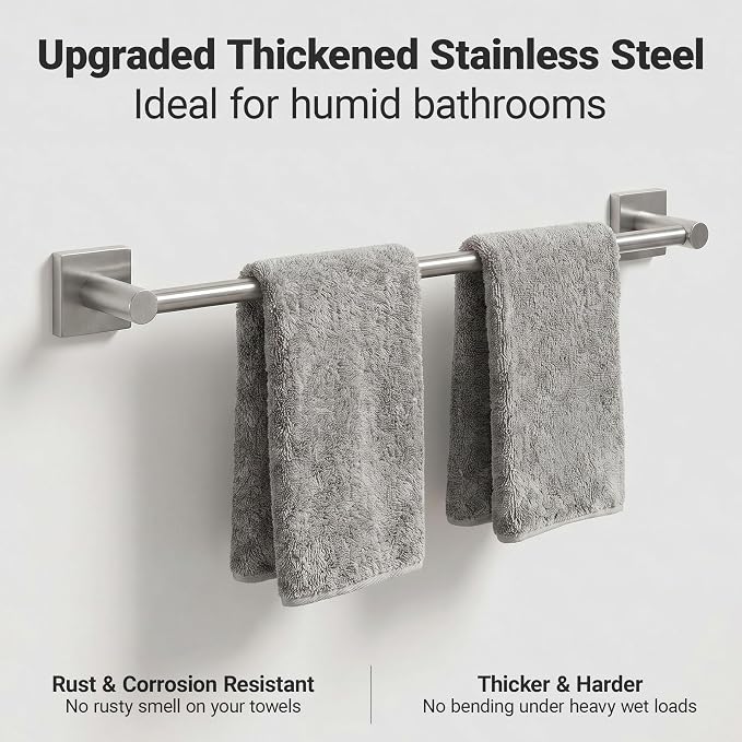 24-Inch Wall Mounted Towel Racks for Bathroom – Space Saver 4-Piece Durable Stainless Steel Bathroom Hardware Set with Towel Bar, Towel Ring, Toilet Paper Holder & Hook, Brushed Nickel