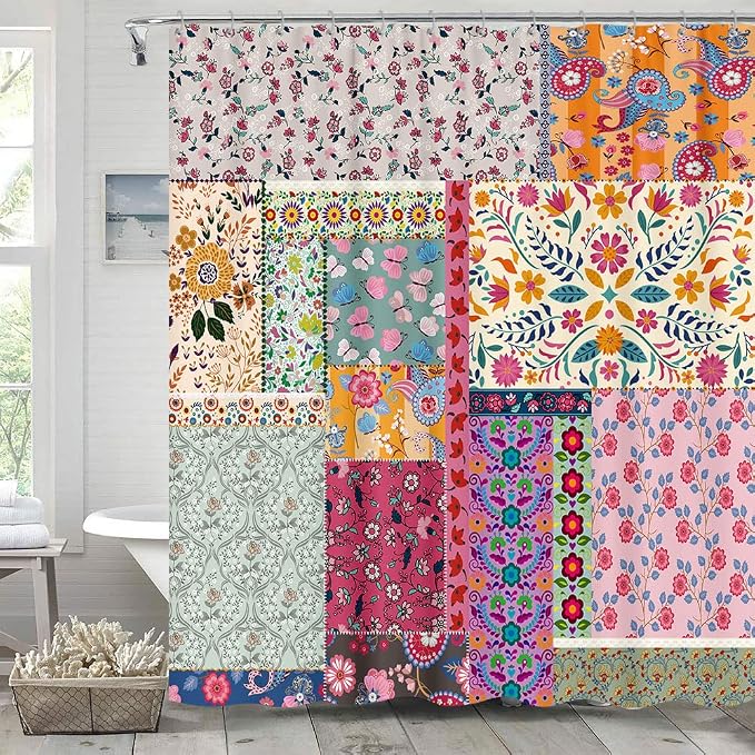 Boho Patchwork Shower Curtain, Vintage Bohemian Paisley Stitching Floral Shower Curtain Art with Hooks, Retro Farmhouse Cottage Rustic Colorful Wildflowers Flowers Design Shower Curtain Set, 72"X72"