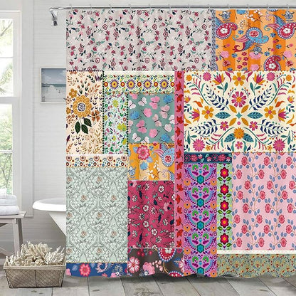 Boho Patchwork Shower Curtain, Vintage Bohemian Paisley Stitching Floral Shower Curtain Art with Hooks, Retro Farmhouse Cottage Rustic Colorful Wildflowers Flowers Design Shower Curtain Set, 72"X72"
