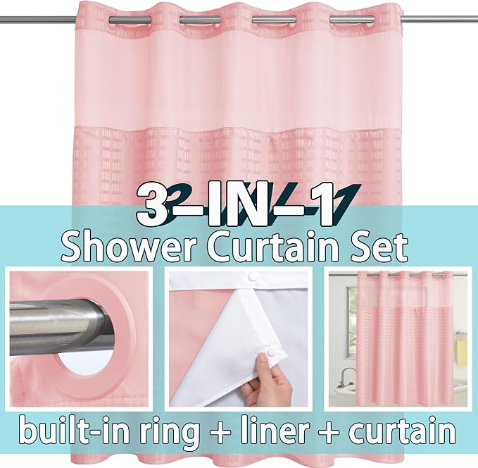 Conbo Mio No Hook Shower Curtain with Snap in Liner Set, Hotel Luxury Pink Shower Curtains for Bathroom with See Through Top Window, Waterproof, Washable 71W x 74H