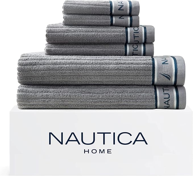 Nautica – Bathroom Towels, Washcloth, Bath & Hand Towel Set, Highly Absorbent Ribbed Terry Cotton, Set of 6, College Dorm Room Essentials (Signature Grey)