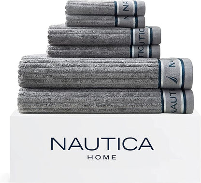 Nautica – Bathroom Towels, Washcloth, Bath & Hand Towel Set, Highly Absorbent Ribbed Terry Cotton, Set of 6, College Dorm Room Essentials (Signature Grey)