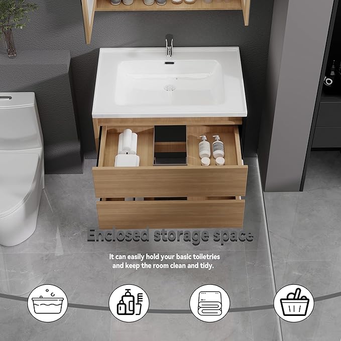 Wood Grain Floating Bathroom Vanity with Sink, 31x18 Inch Wall Mounted Bathroom Cabinet with 2 Drawers, Modern Single Sink Vanity for Small Bathroom, Space-Saving Storage Cabinet