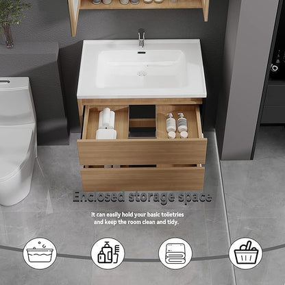 Wood Grain Floating Bathroom Vanity with Sink, 31x18 Inch Wall Mounted Bathroom Cabinet with 2 Drawers, Modern Single Sink Vanity for Small Bathroom, Space-Saving Storage Cabinet