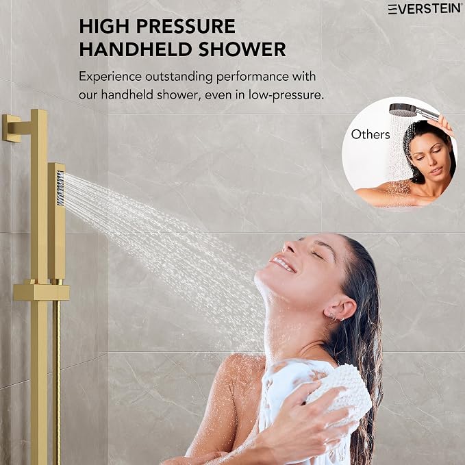 10" High-Pressure Rainfall Shower Faucet with Handheld Spray, Wall Mount Dual Shower Head System with Slide Bar (Brushed Gold)