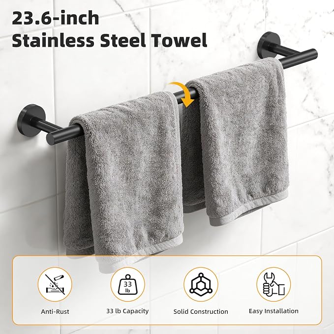 Black 5-Piece Bathroom Hardware Set, 23.6 Inch Towel Bar Set SUS304 Stainless Steel Towel Racks for Bathroom Round Towel Bar, Towel Ring, Toilet Paper Holder, 2 Robe Hooks, Wall Mounted