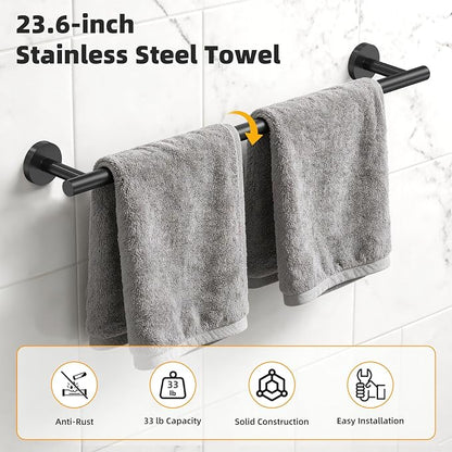 Black 5-Piece Bathroom Hardware Set, 23.6 Inch Towel Bar Set SUS304 Stainless Steel Towel Racks for Bathroom Round Towel Bar, Towel Ring, Toilet Paper Holder, 2 Robe Hooks, Wall Mounted